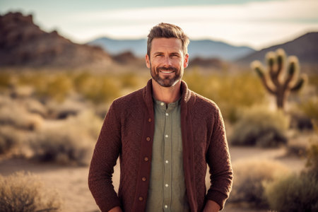 Handsome man standing with arms crossed in the desert on a sunny dayの素材