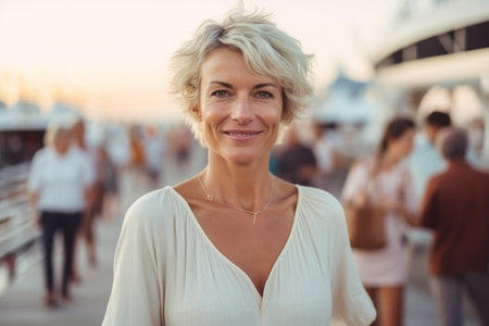Portrait of beautiful mature woman smiling at camera while standing on pier during summer dayの素材