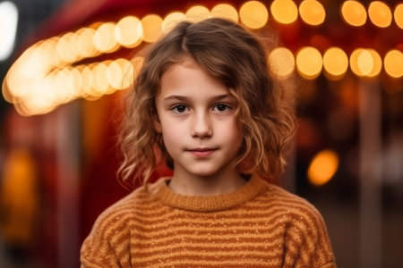 Portrait of a cute little girl in a yellow sweater on the background of the Christmas lightsの素材
