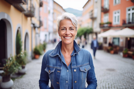 Portrait of a beautiful mature woman smiling and looking at the camera in the cityの素材