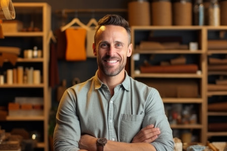 Portrait of a handsome smiling young man in a leather workshop.の素材