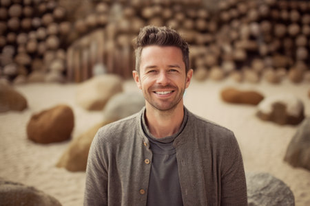 Portrait of smiling man standing in front of pile of stones in desertの素材