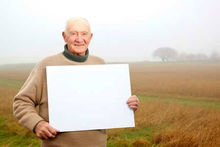Elderly man holding a blank sheet of paper in a fieldの素材