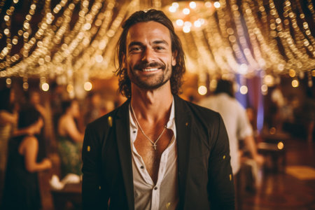 Portrait of a handsome young man standing in a restaurant, smiling.の素材
