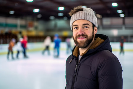 Portrait of a young man with ice skates in the backgroundの素材