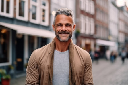 Portrait of a handsome middle-aged man smiling at the camera while standing on the streetの素材