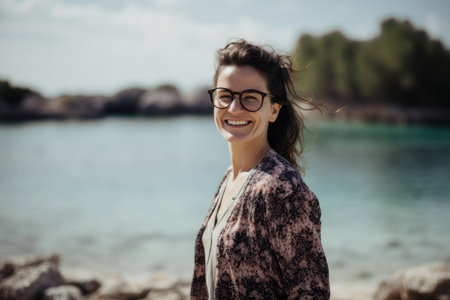 Portrait of a beautiful smiling young woman in glasses on the beachの素材