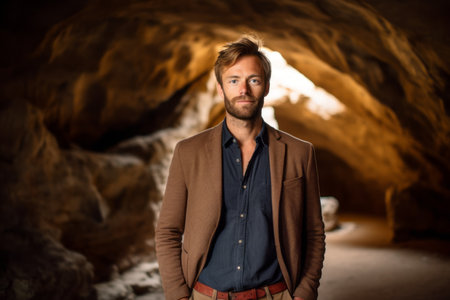 Portrait of a handsome man standing in a dark underground cave.の素材
