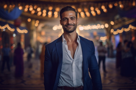 Portrait of a handsome man in elegant suit posing in the cityの素材