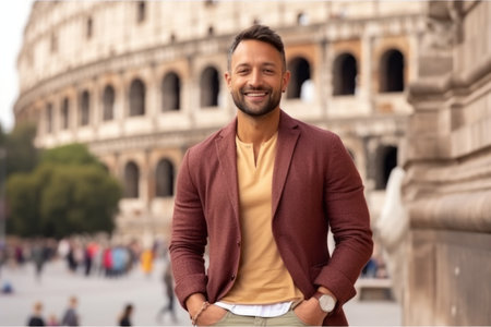 travel, tourism, sightseeing and people concept - smiling young man in coat over coliseum backgroundの素材