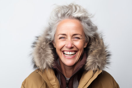 Portrait of a happy senior woman in winter jacket on a white backgroundの素材