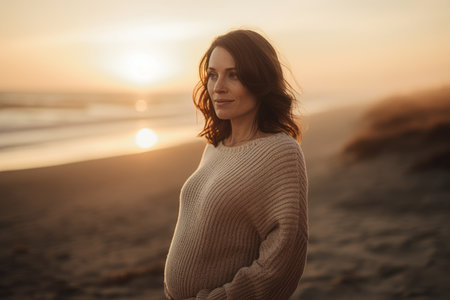 Portrait of a young beautiful pregnant woman on the beach at sunsetの素材