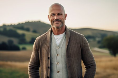 Handsome middle-aged man posing in a field at sunsetの素材