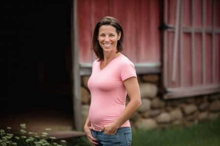 Portrait Of A Happy Pregnant Woman Standing In Front Of Houseの素材