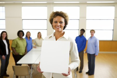 Portrait of smiling businesswoman holding white sheet of paper in officeの素材