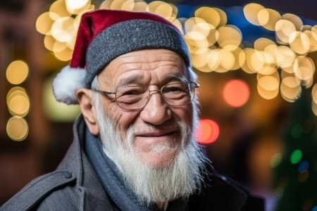 Portrait of a senior man wearing a santa hat on Christmas marketの素材