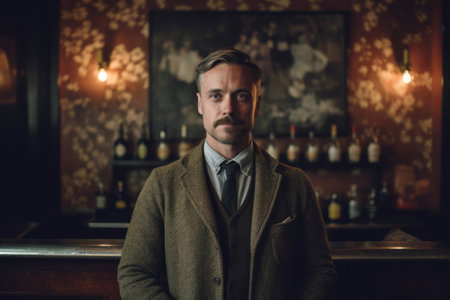 Portrait of a handsome man in a pub. Men's beauty, fashion.の素材