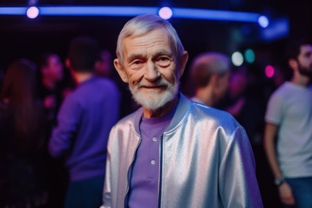 Portrait of a senior man with gray hair and beard in the night club.の素材
