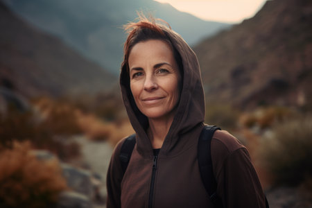 Portrait of a mature woman hiker on a trail in the mountainsの素材