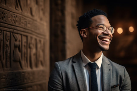 Portrait of a handsome young man in a suit and eyeglasses. He is laughing and looking at the camera.の素材