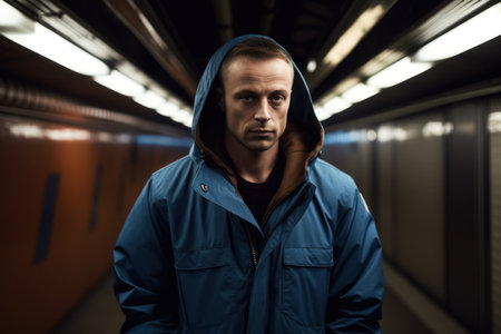 Portrait of a young man in a blue jacket in the subwayの素材