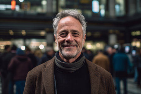 Portrait of happy senior man with gray hair in an urban contextの素材