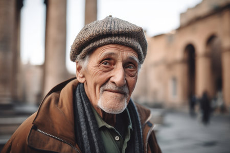 Portrait of an elderly man in a hat and coat on the street.の素材