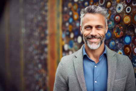 Portrait of smiling mature man standing against wall in coffee shop.の素材