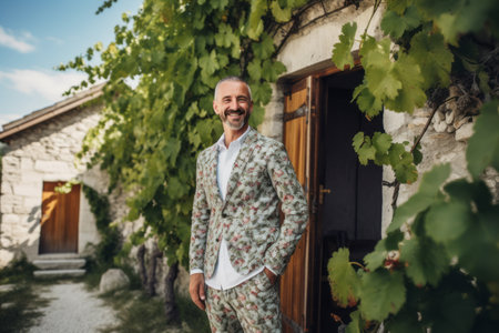 Elegant man in a suit and bow tie posing in the vineyard.の素材
