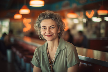 Portrait of smiling senior woman sitting at bar counter in coffee shopの素材