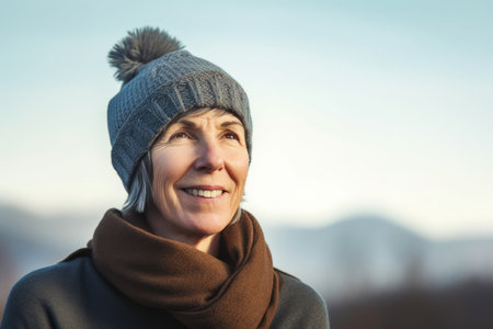 Portrait of smiling senior woman in winter hat and scarf standing outdoorsの素材