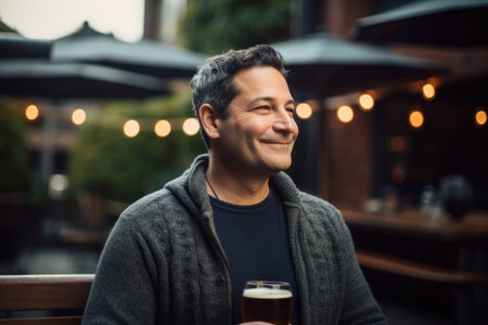 Handsome man drinking beer in a pub. Outdoor lifestyle portraitの素材