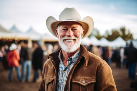 Portrait of a senior man wearing a cowboy hat at a farmers marketの素材