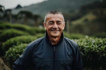 Portrait of a smiling mature man standing in a tea plantation.の素材
