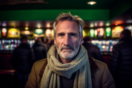 Portrait of senior man in a pub, looking at camera.の素材
