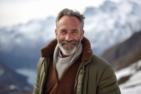 Portrait of happy senior man in winter clothing against snowy mountains backgroundの素材