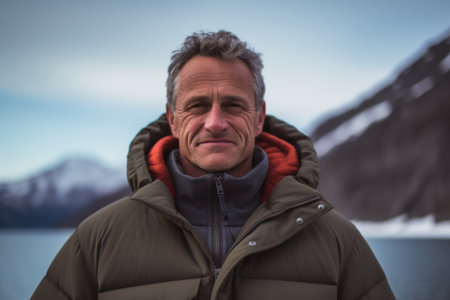 Portrait of mature man looking at camera while standing against snow covered mountainsの素材