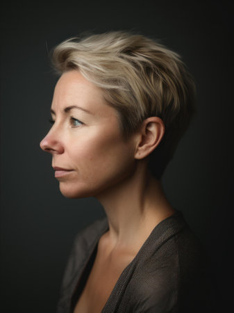 Portrait of a beautiful blonde woman with short hair on a dark backgroundの素材
