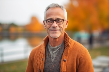 Portrait of a senior man in an autumn park. Mature man with glasses.の素材