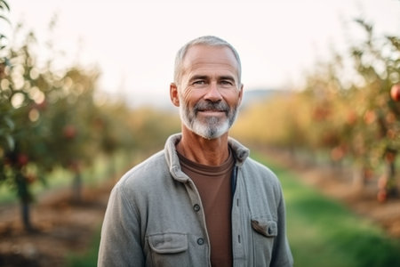 Portrait of a smiling senior man standing in an apple orchardの素材