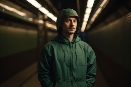 Portrait of a young man in a green jacket in the subway stationの素材