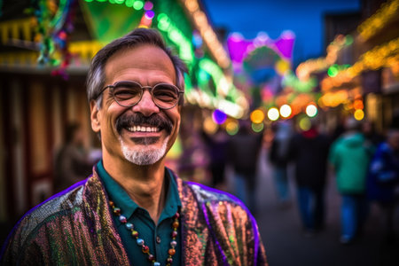 Handsome Indian man in traditional clothes and eyeglasses at Christmas marketの素材