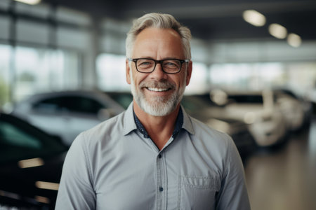 Portrait of smiling mature man in eyeglasses standing in car salonの素材