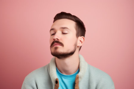 Portrait of a handsome young man with a beard in a blue sweater on a pink backgroundの素材