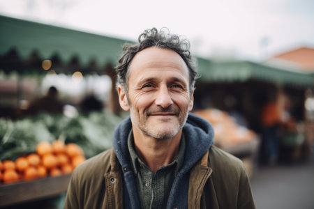 Foto de Portrait of smiling mature man standing at market stall, looking at camera - Imagen libre de derechos