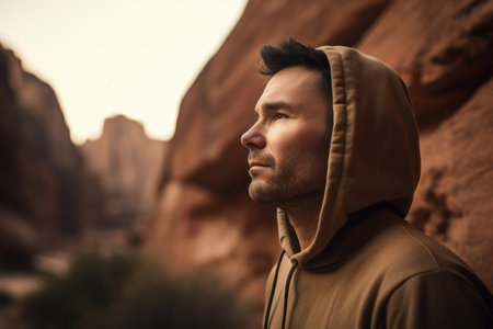 Handsome young man wearing hooded sweatshirt in Valley of Fire State Park, Nevadaの素材