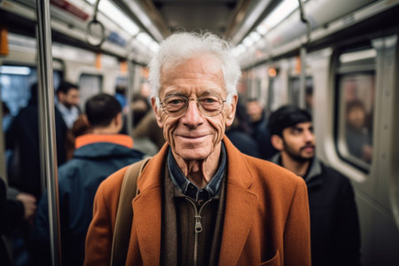 Senior man on the subway train in Paris, France, wearing a coat and glassesの素材
