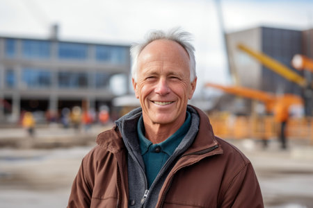 Portrait of smiling senior man standing in front of a construction siteの素材