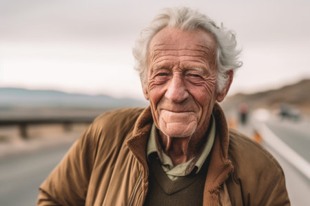 Portrait of a senior man with gray hair on the road.の素材