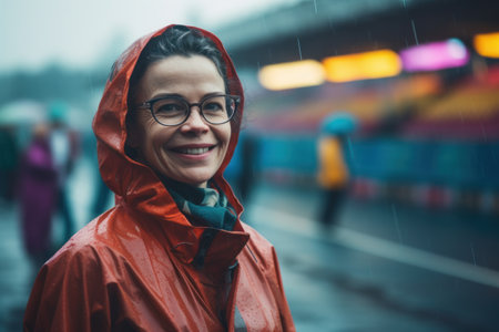 Portrait of smiling woman in raincoat and eyeglasses looking at cameraの素材